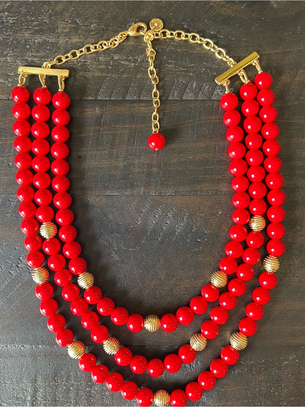 Talbots Vintage 3 Strand Red & Gold Beaded Statement Womens Necklace